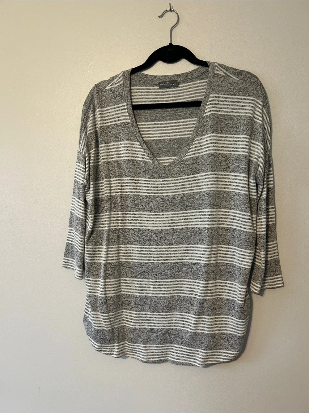 Market & Spruce Gray and White Striped Crewneck Top